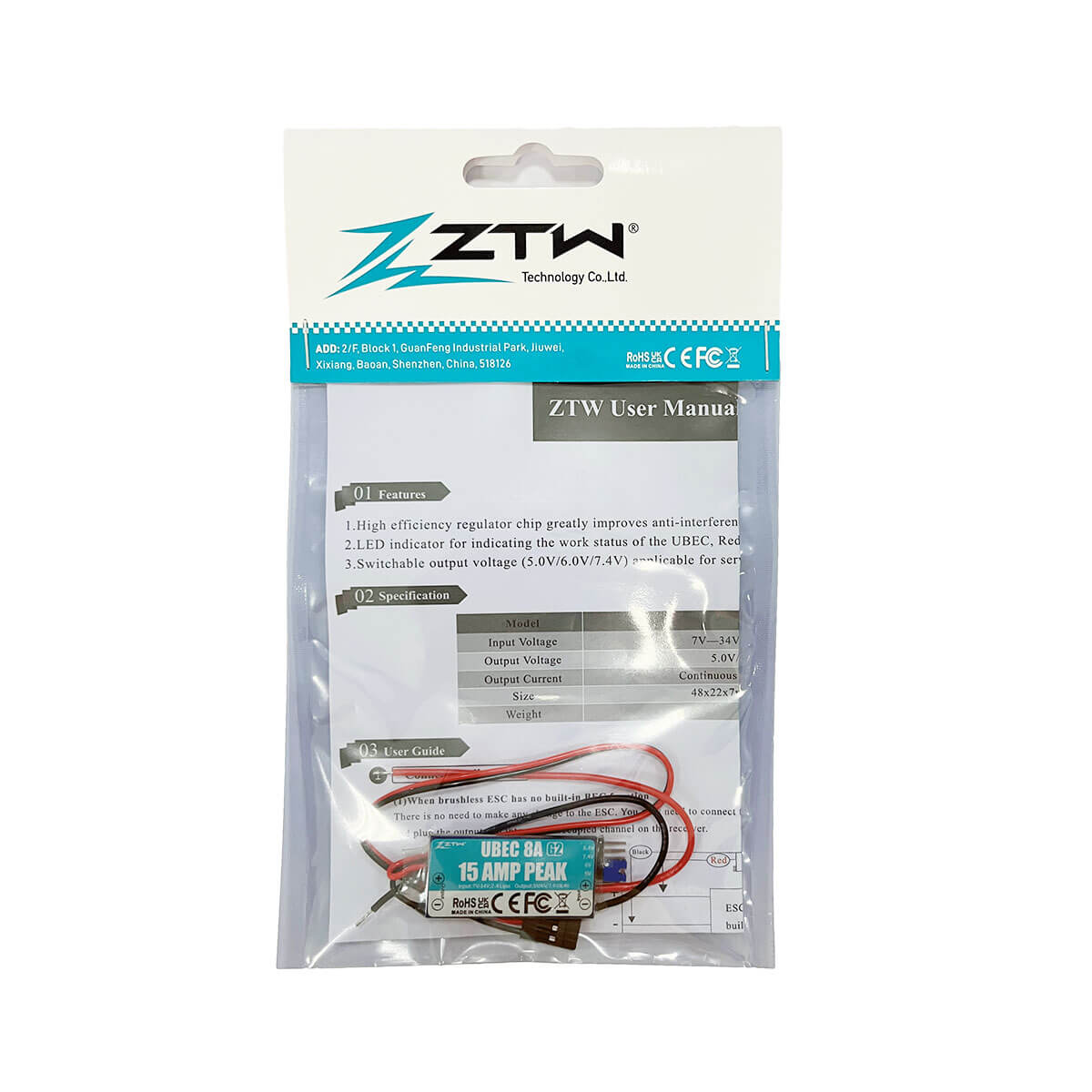 ZTW UBEC 8A G2 Peak 15A Adjustable Output Voltage 5V/6V/7.4V/8.4V External BEC