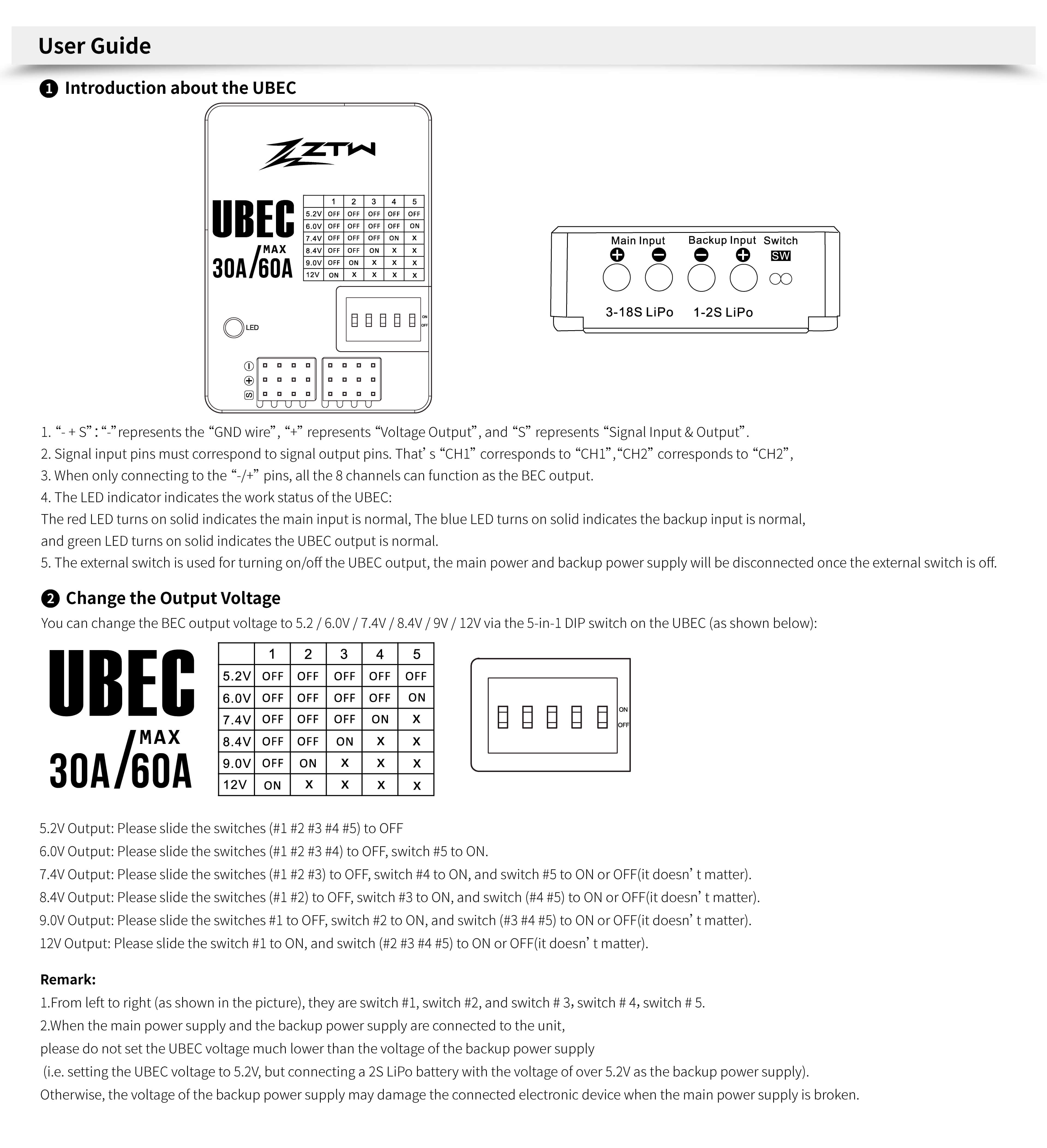 ZTW UBEC 30A HV 3-18S Adjustable Output Voltage 5.2V-12V External BEC
