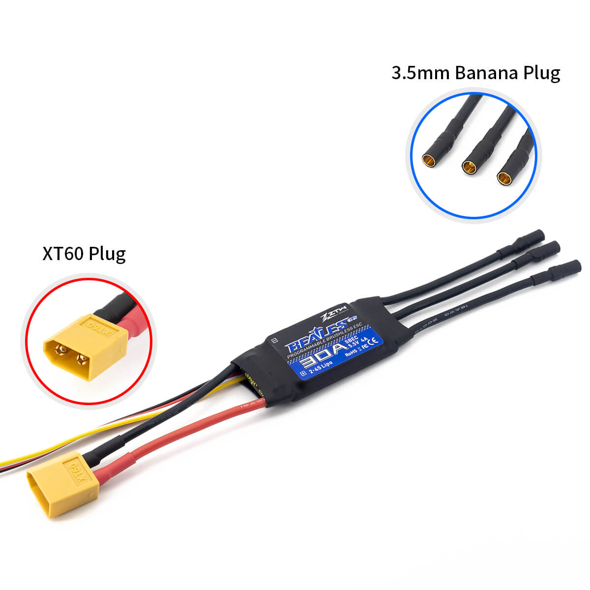 ZTW Beatles G2 30A ESC 2-4S SBEC pour avion RC à voilure fixe 